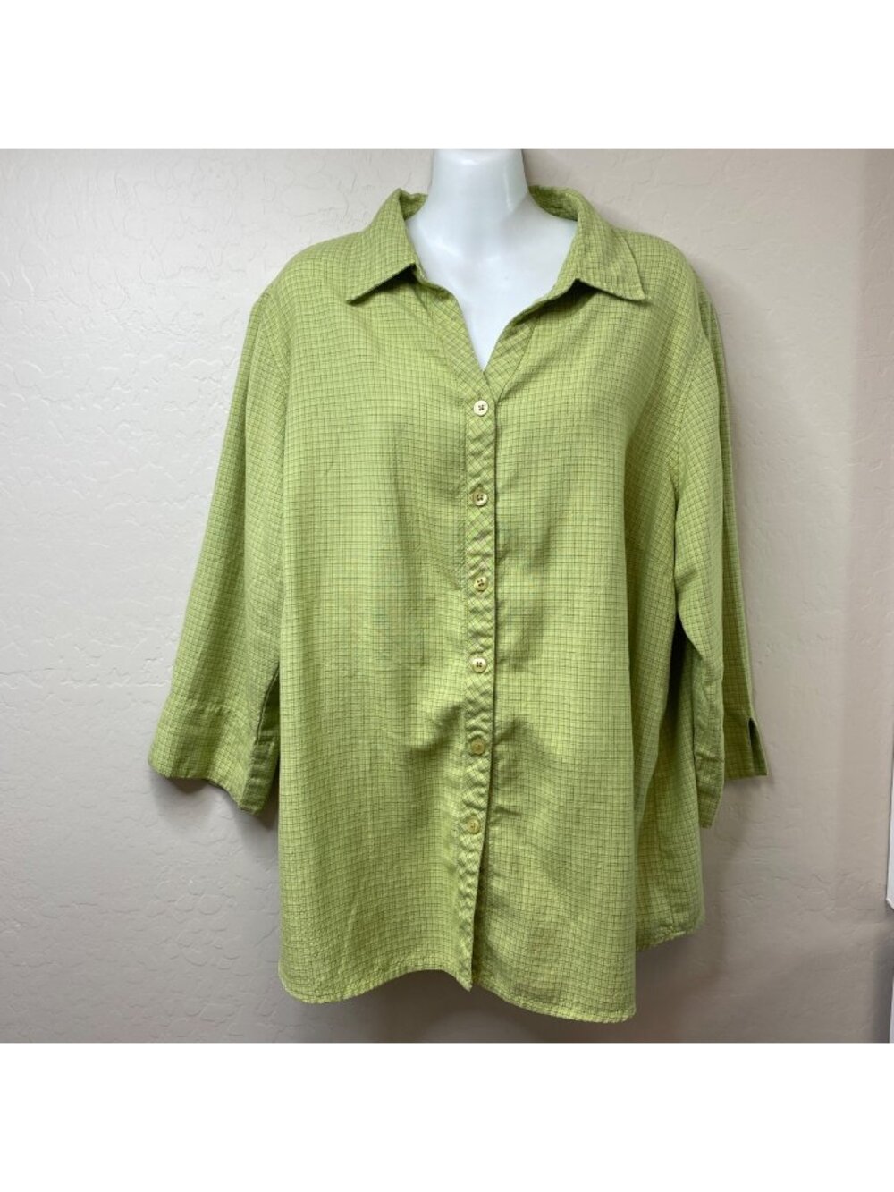 Dressbarn Womens Button-Up Shirt Plaid Lime Green 3/4 Sleeve Rayon Size 18/20